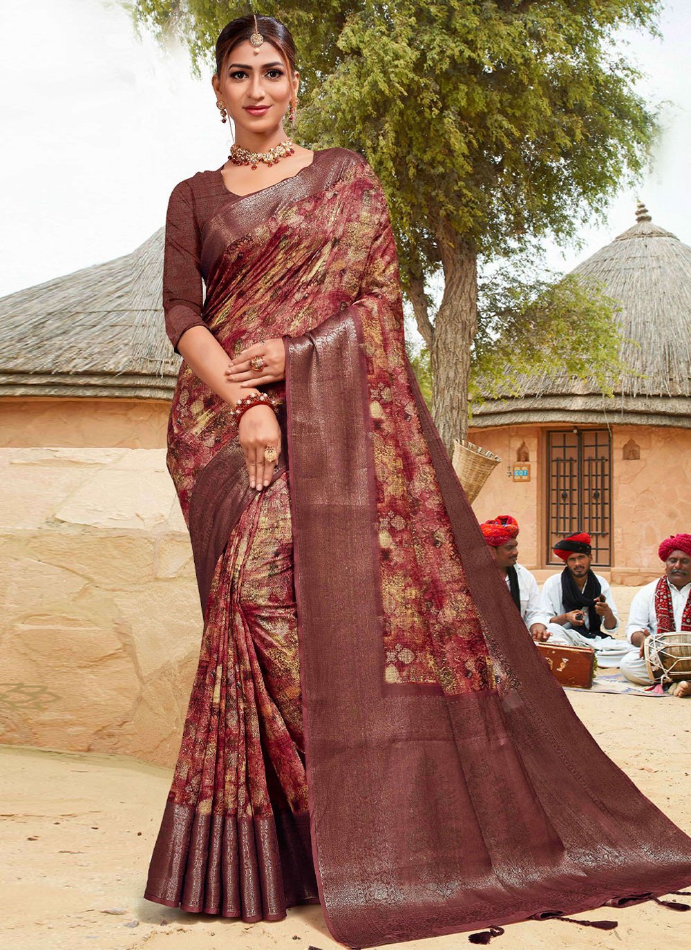 Classic Banarasi Silk Cotton Wine Digital Print Saree