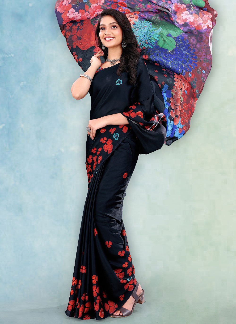 Contemporary Satin Black Digital Print Saree