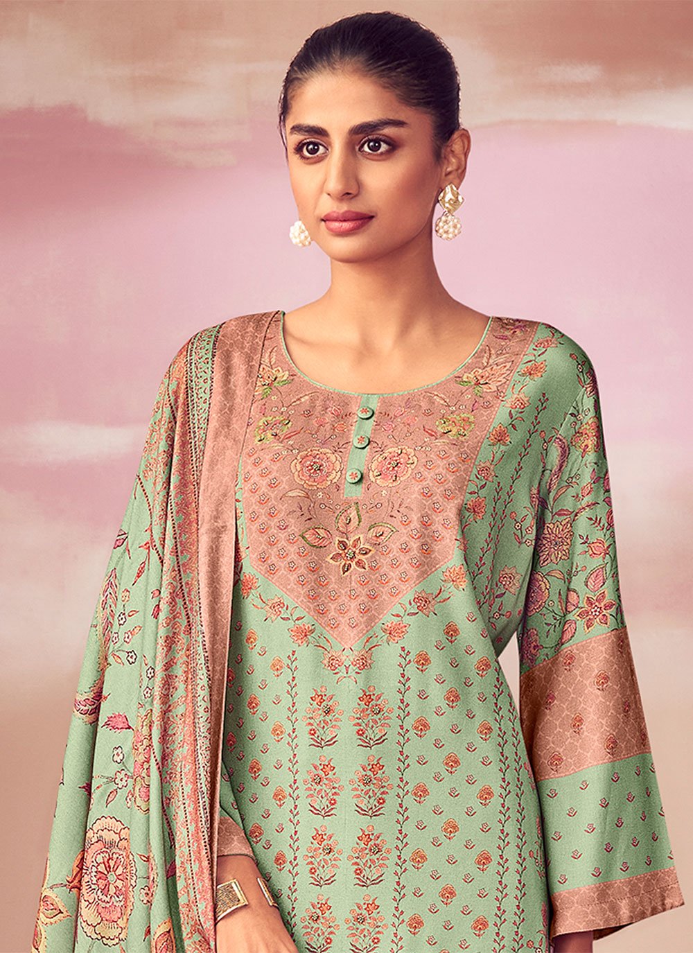 Salwar Suit Pashmina Green Digital Print Salwar Kameez