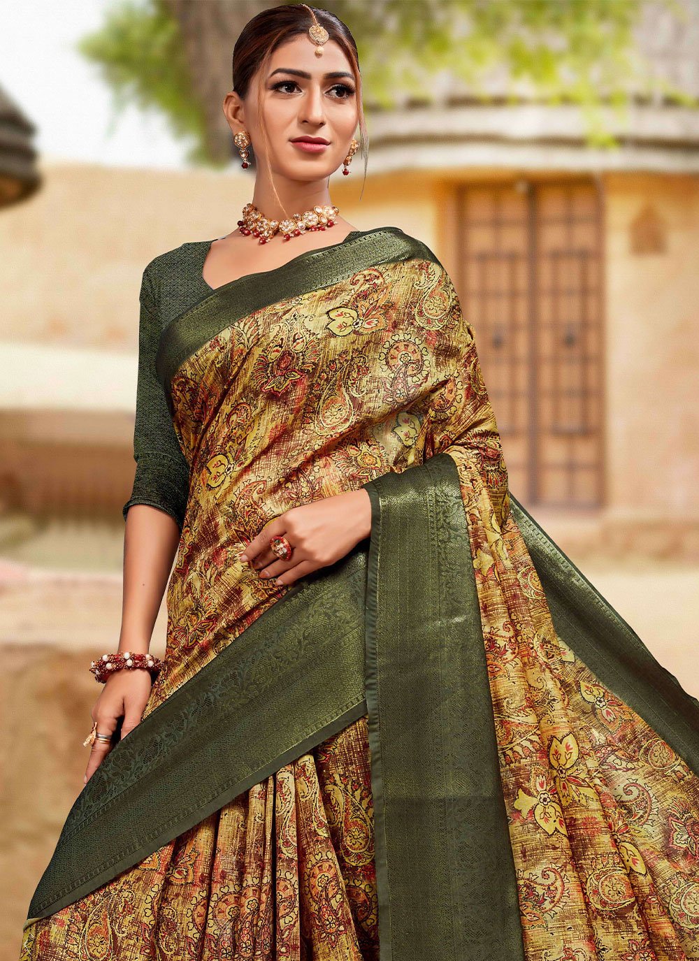 Contemporary Banarasi Silk Cotton Green Digital Print Saree