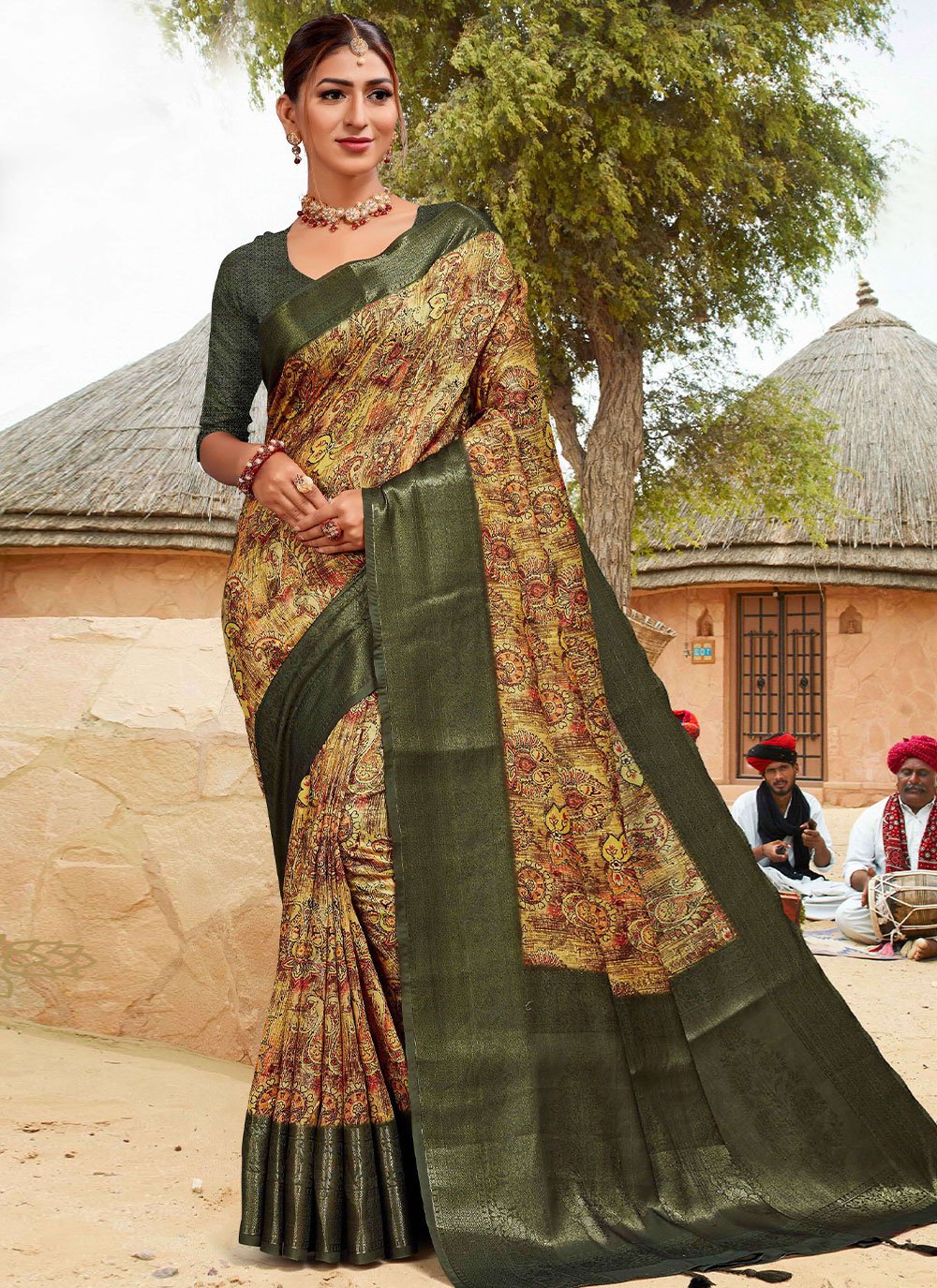 Contemporary Banarasi Silk Cotton Green Digital Print Saree