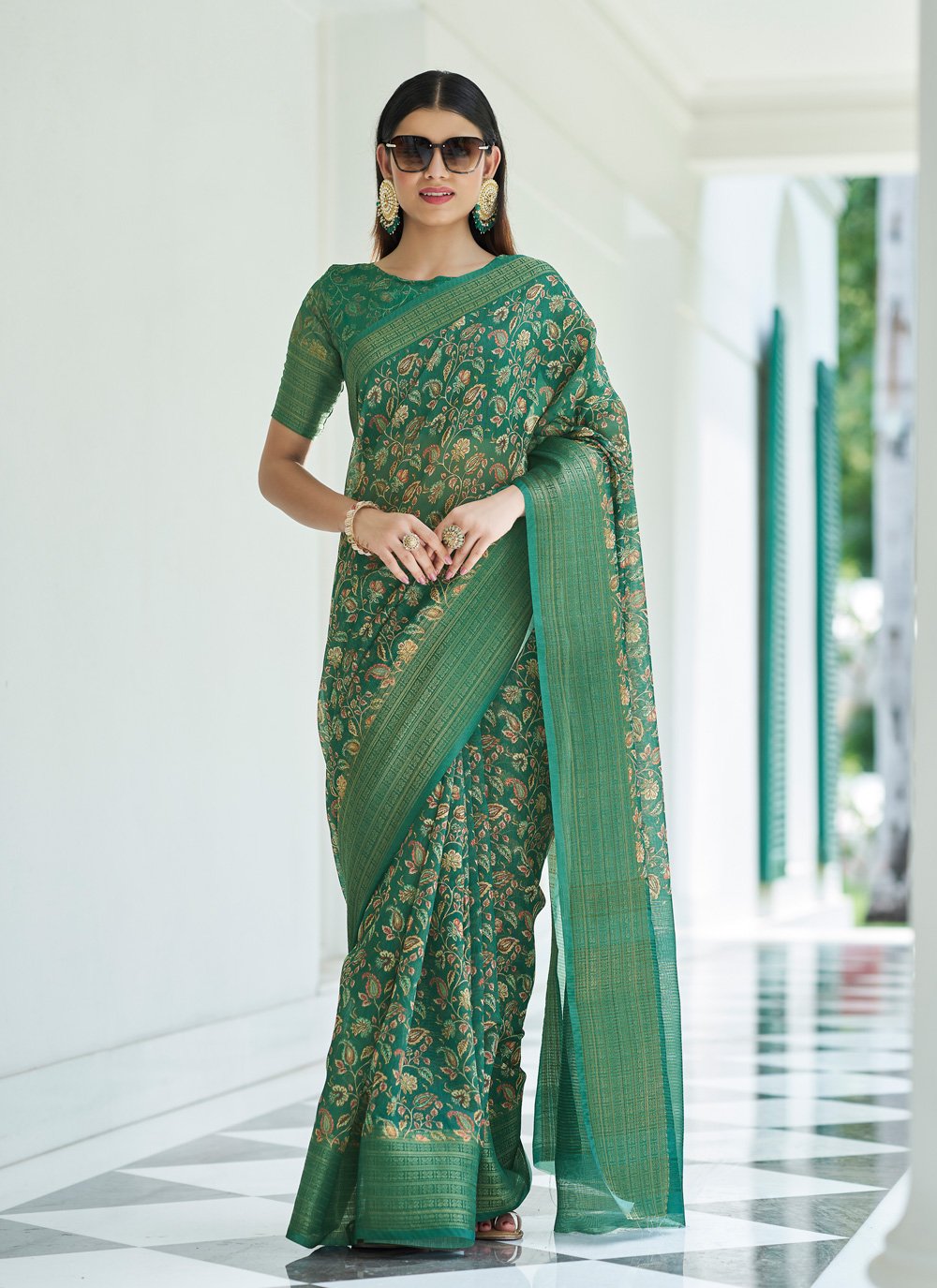 Casual Linen Green Digital Print Saree