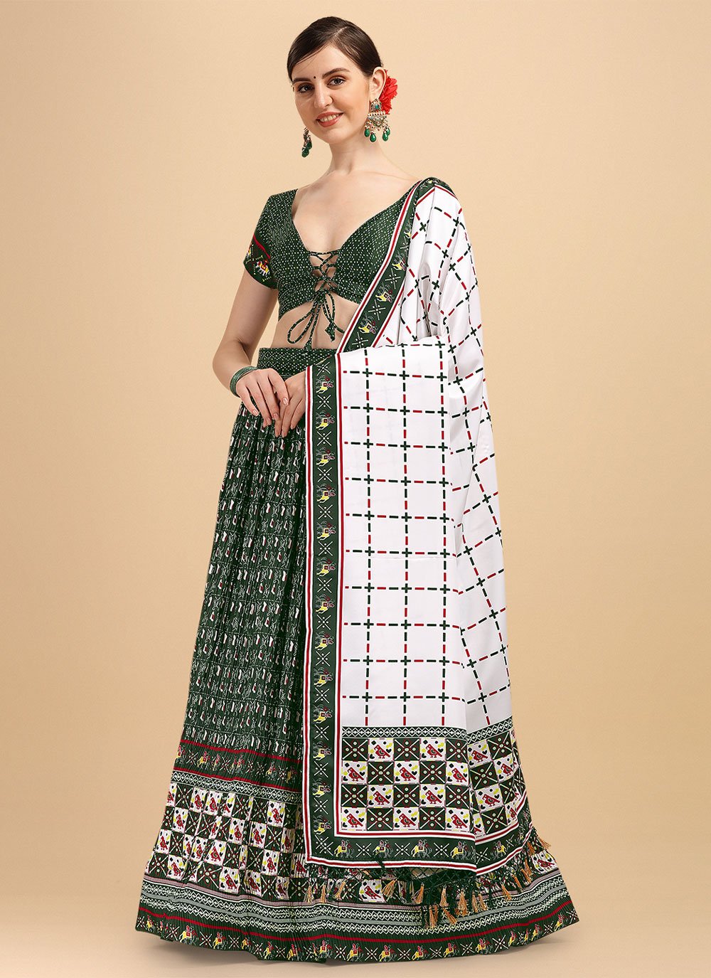 Lehenga Choli Satin Green Digital Print Lehenga Choli