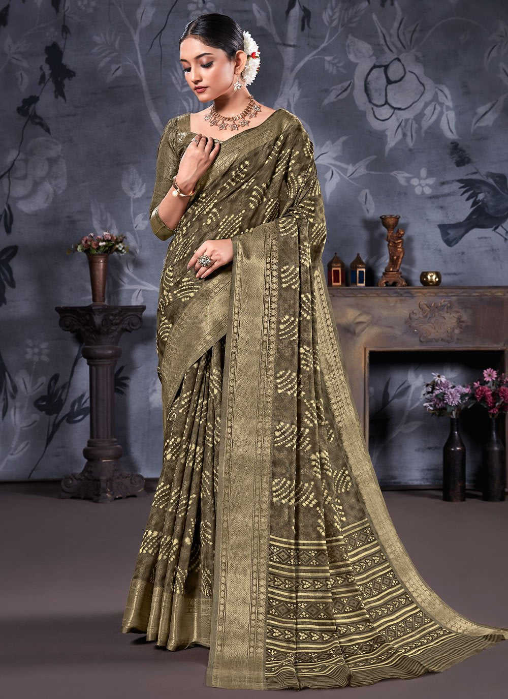 Trendy Saree Cotton Linen Green Digital Print Saree