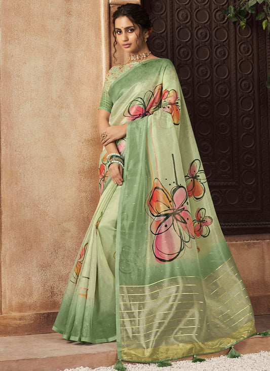 Trendy Saree Organza Green Digital Print Saree