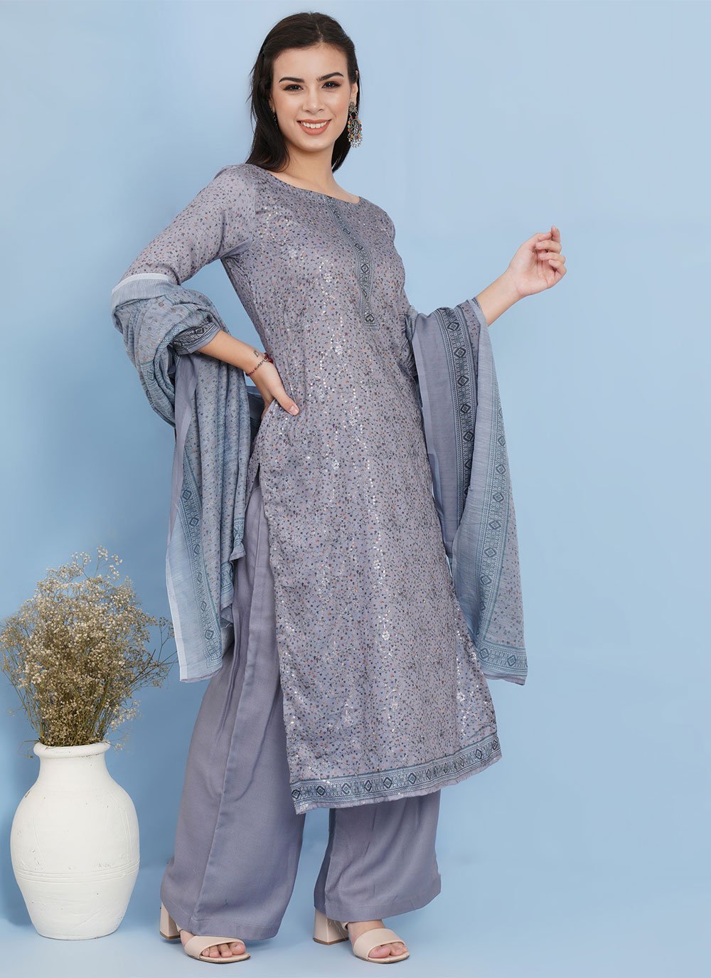 Palazzo Salwar Suit Cotton Grey Digital Print Salwar Kameez