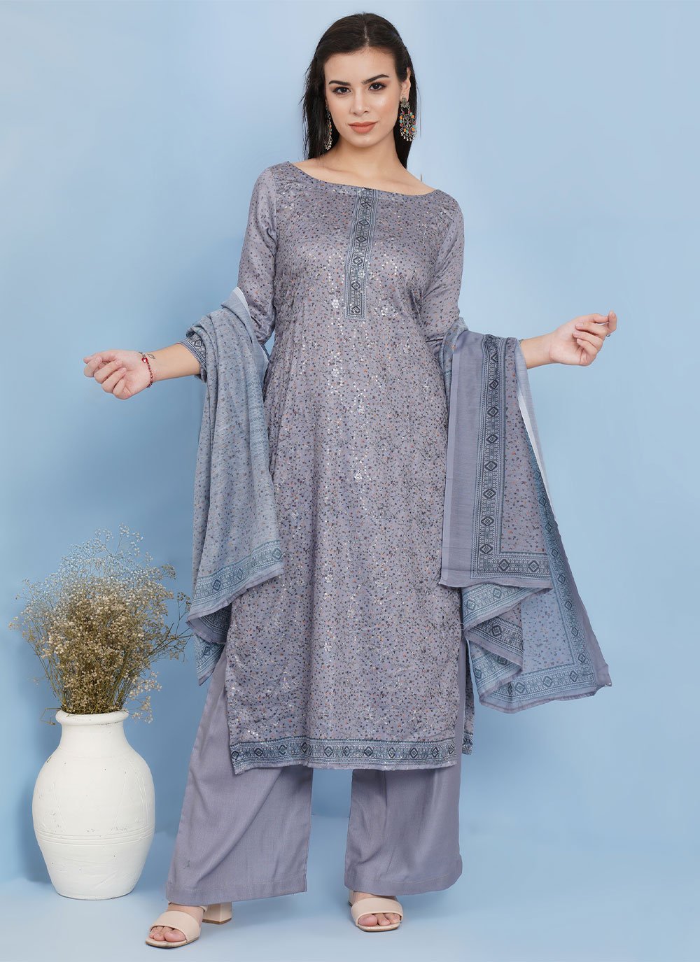 Palazzo Salwar Suit Cotton Grey Digital Print Salwar Kameez