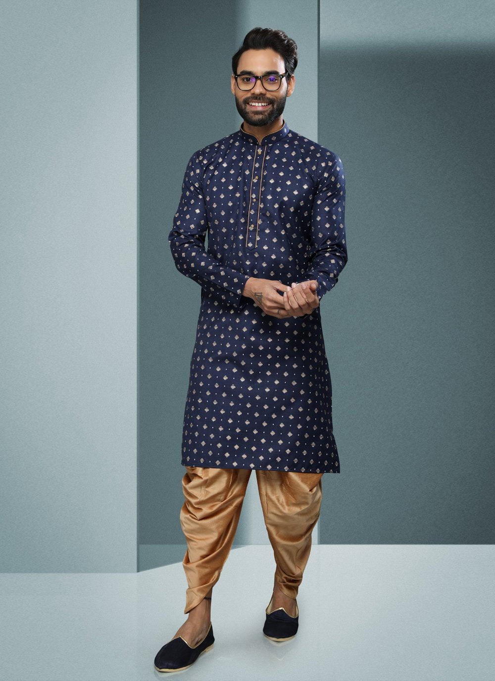 Dhoti Kurta Handloom Cotton Blue Digital Print Mens