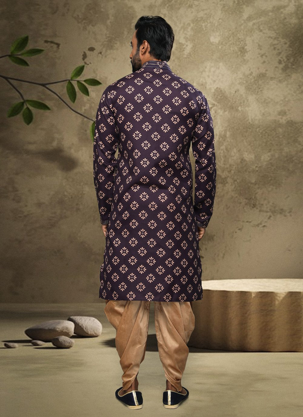 Dhoti Kurta Handloom Cotton Purple Digital Print Mens