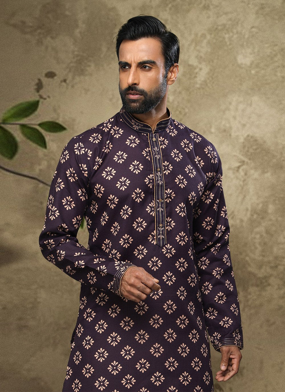 Dhoti Kurta Handloom Cotton Purple Digital Print Mens