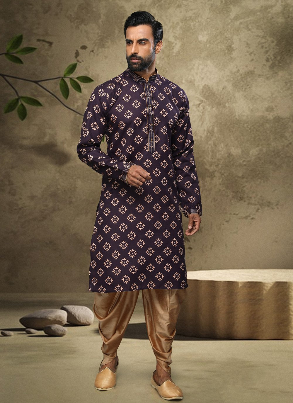 Dhoti Kurta Handloom Cotton Purple Digital Print Mens