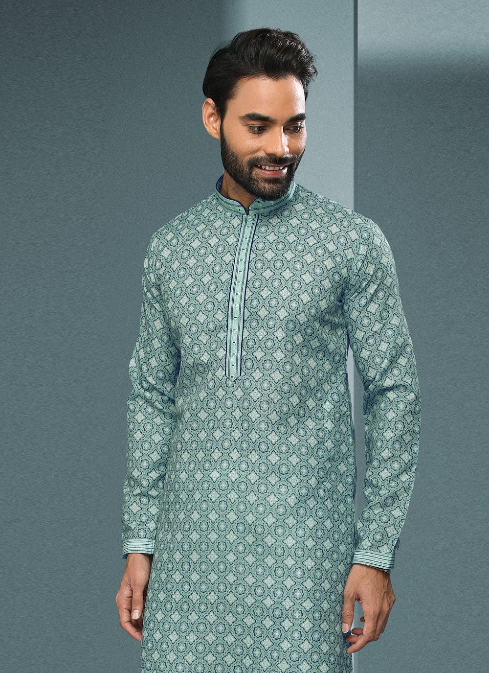 Kurta Pyjama Handloom Cotton Green Digital Print Mens