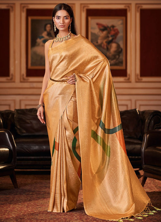 Contemporary Jacquard Orange Digital Print Saree