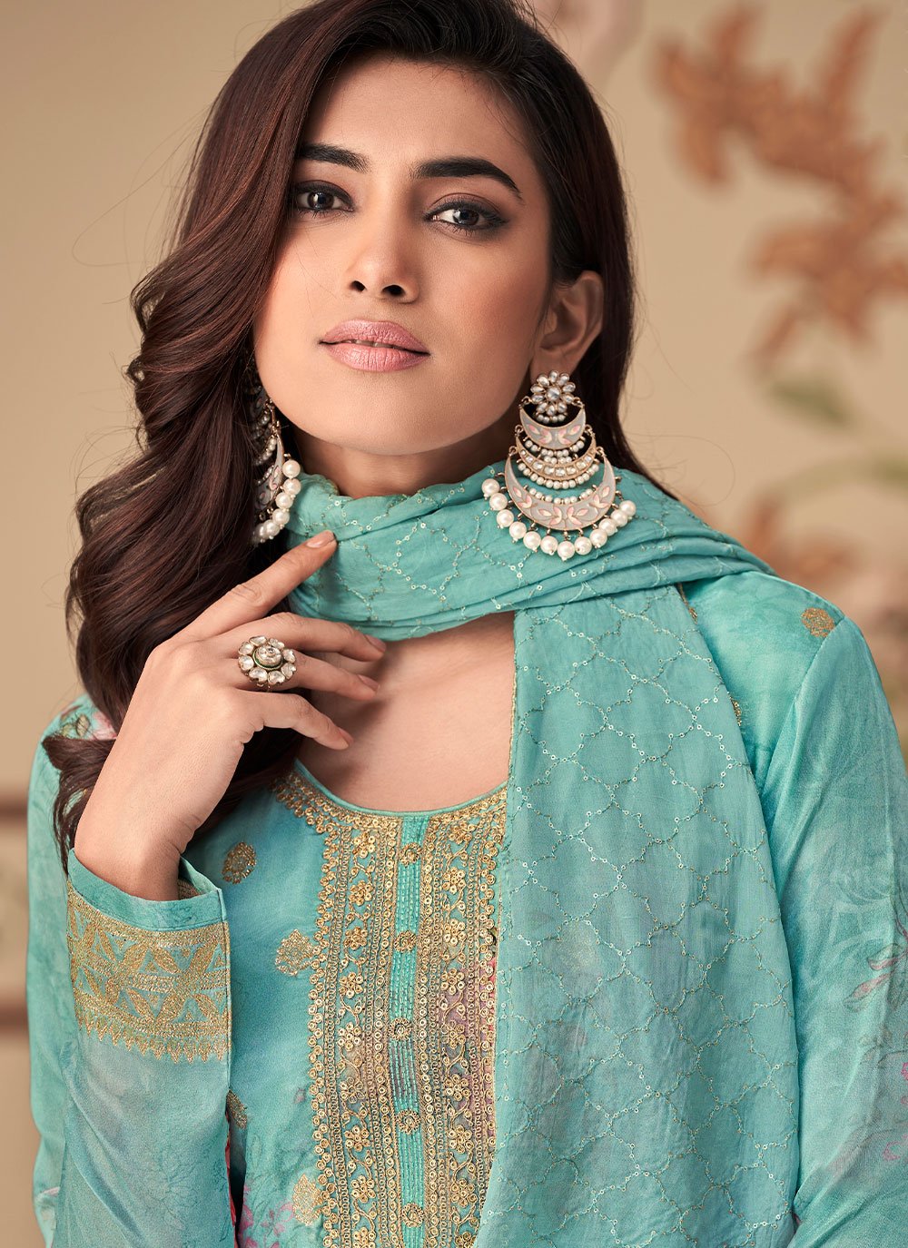 Straight Salwar Suit Jacquard Silk Aqua Blue Digital Print Salwar Kameez