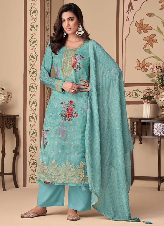 Straight Salwar Suit Jacquard Silk Aqua Blue Digital Print Salwar Kameez