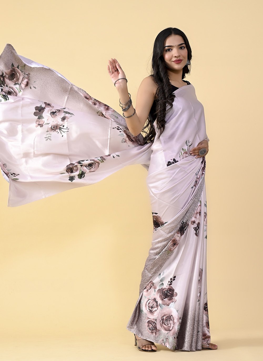 Casual Satin Silk Lavender Digital Print Saree