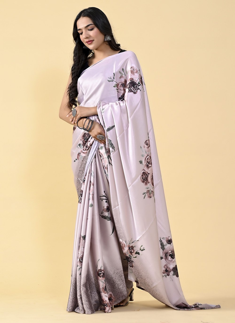 Casual Satin Silk Lavender Digital Print Saree