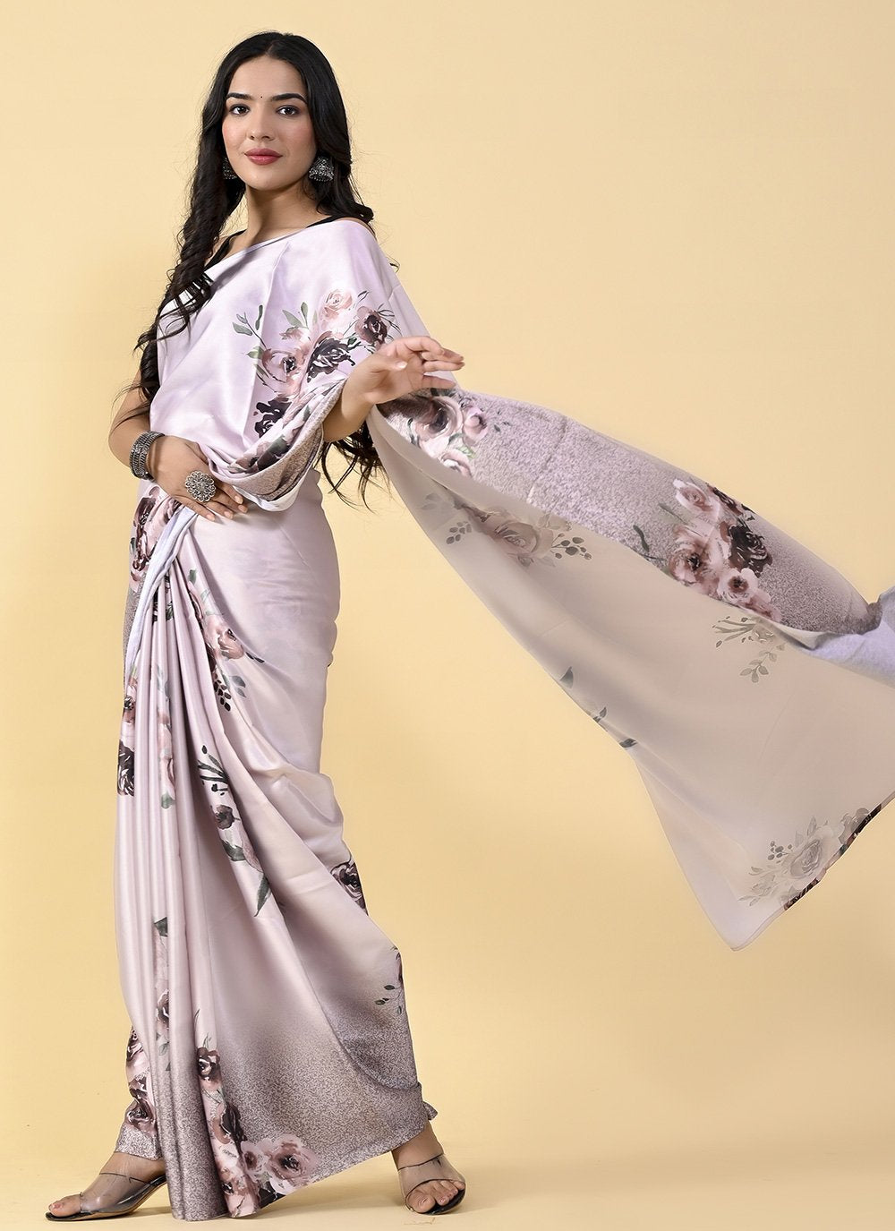 Casual Satin Silk Lavender Digital Print Saree