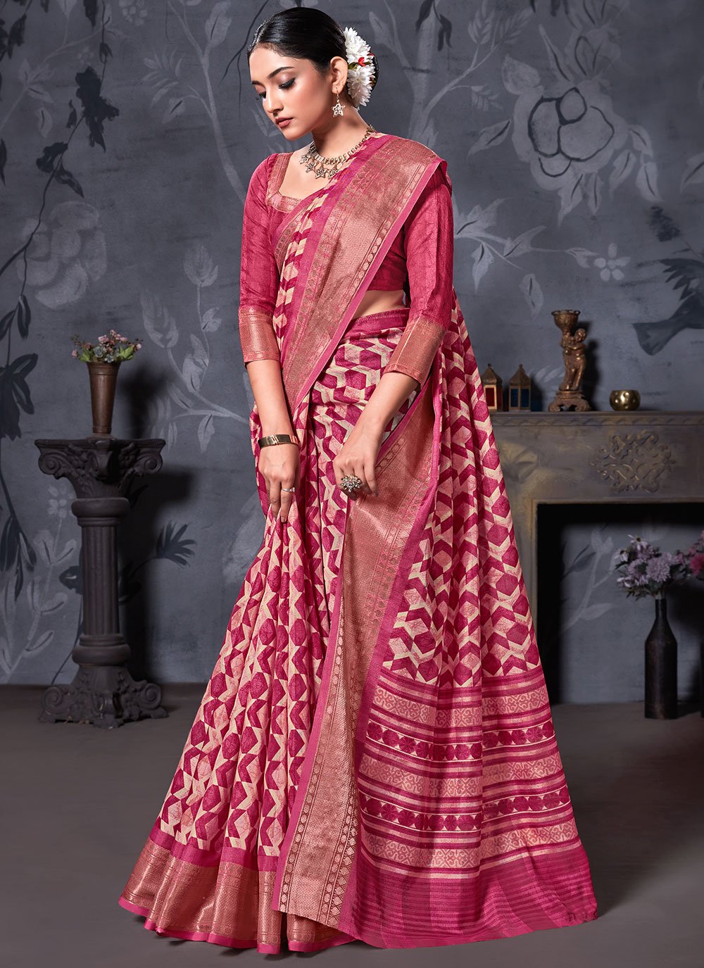 Contemporary Cotton Linen Pink Digital Print Saree