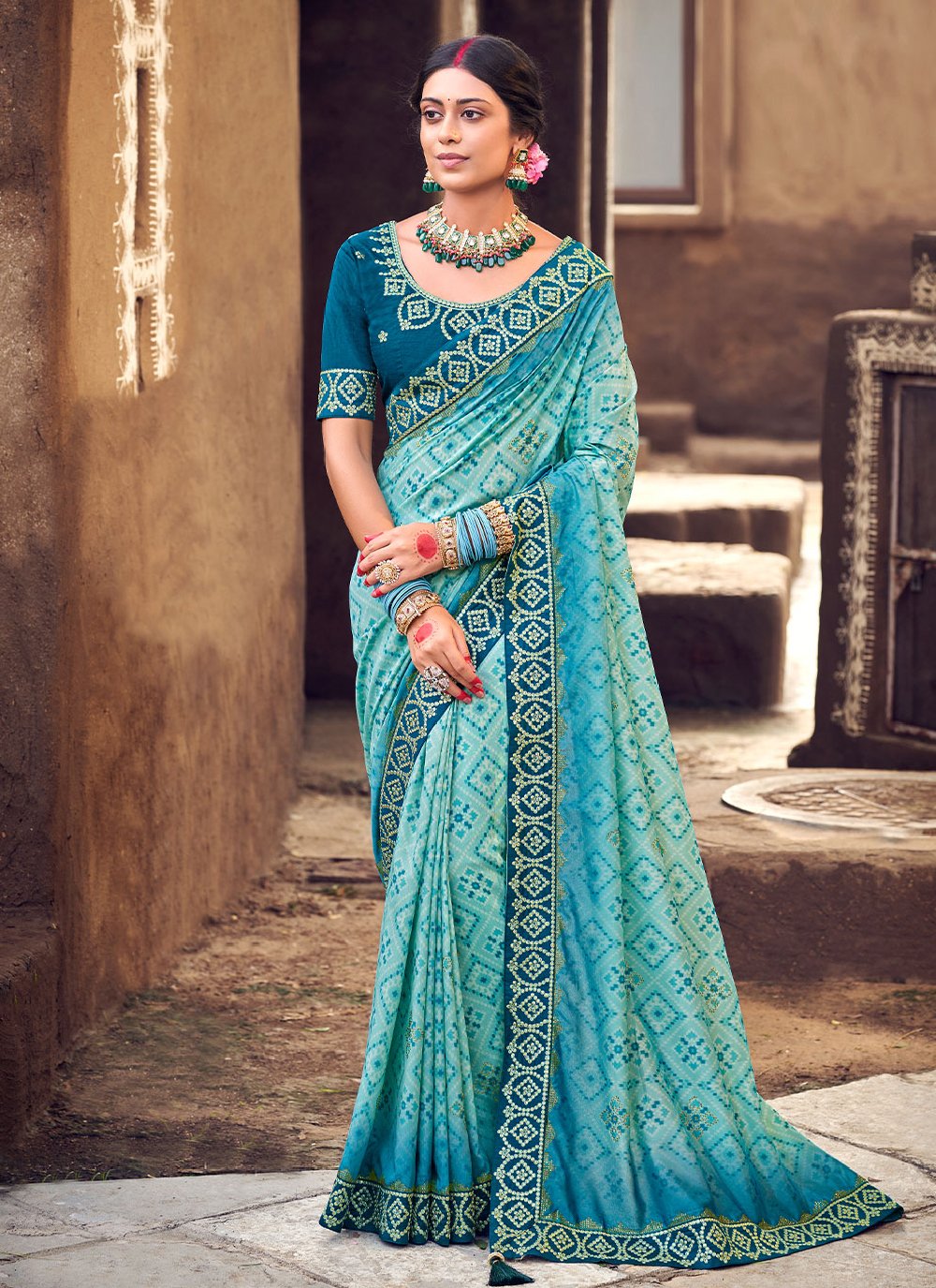 Bandhani Saree Silk Blue Digital Print Saree