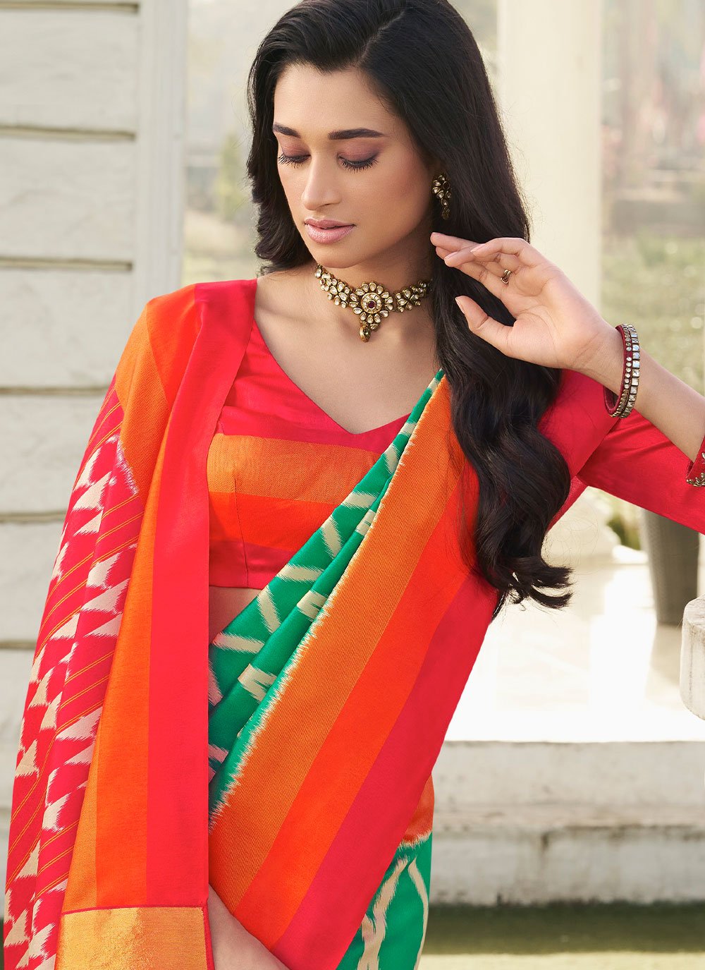 Classic Silk Green Orange Digital Print Saree