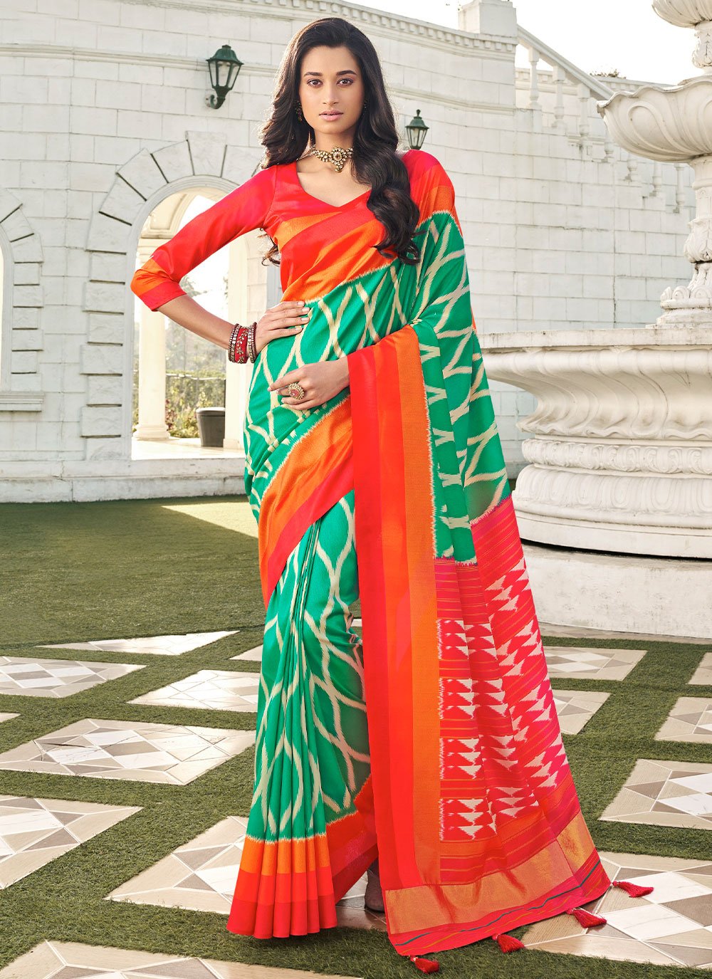 Classic Silk Green Orange Digital Print Saree