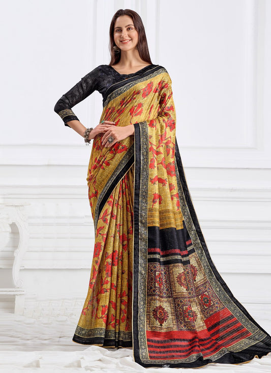 Contemporary Faux Crepe Yellow Digital Print Saree