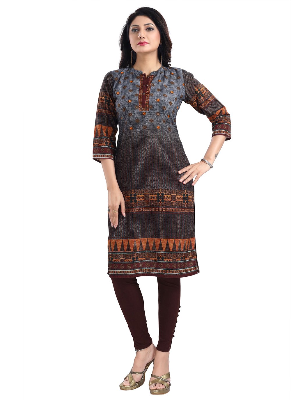 Designer Kurti Blended Cotton Brown Digital Print Kurtis