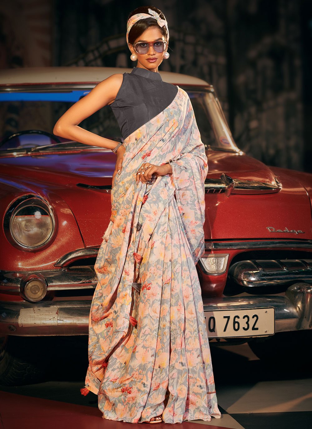 Classic Pure Dola Silk Grey Pink Digital Print Saree