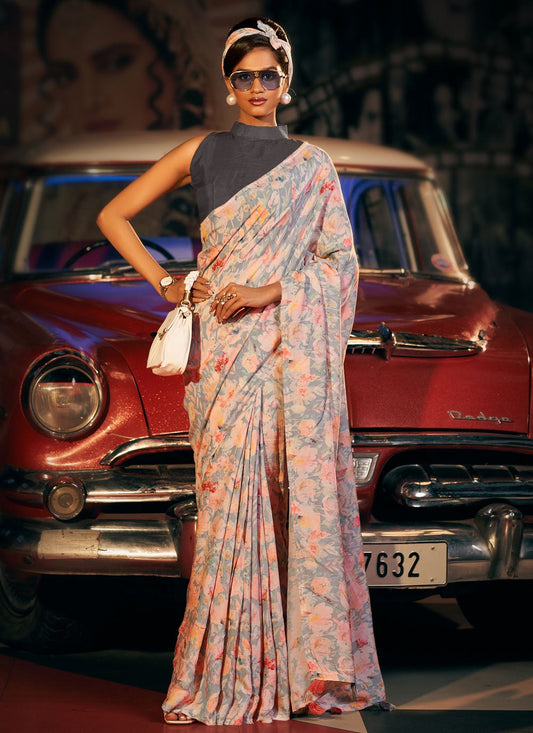 Classic Pure Dola Silk Grey Pink Digital Print Saree