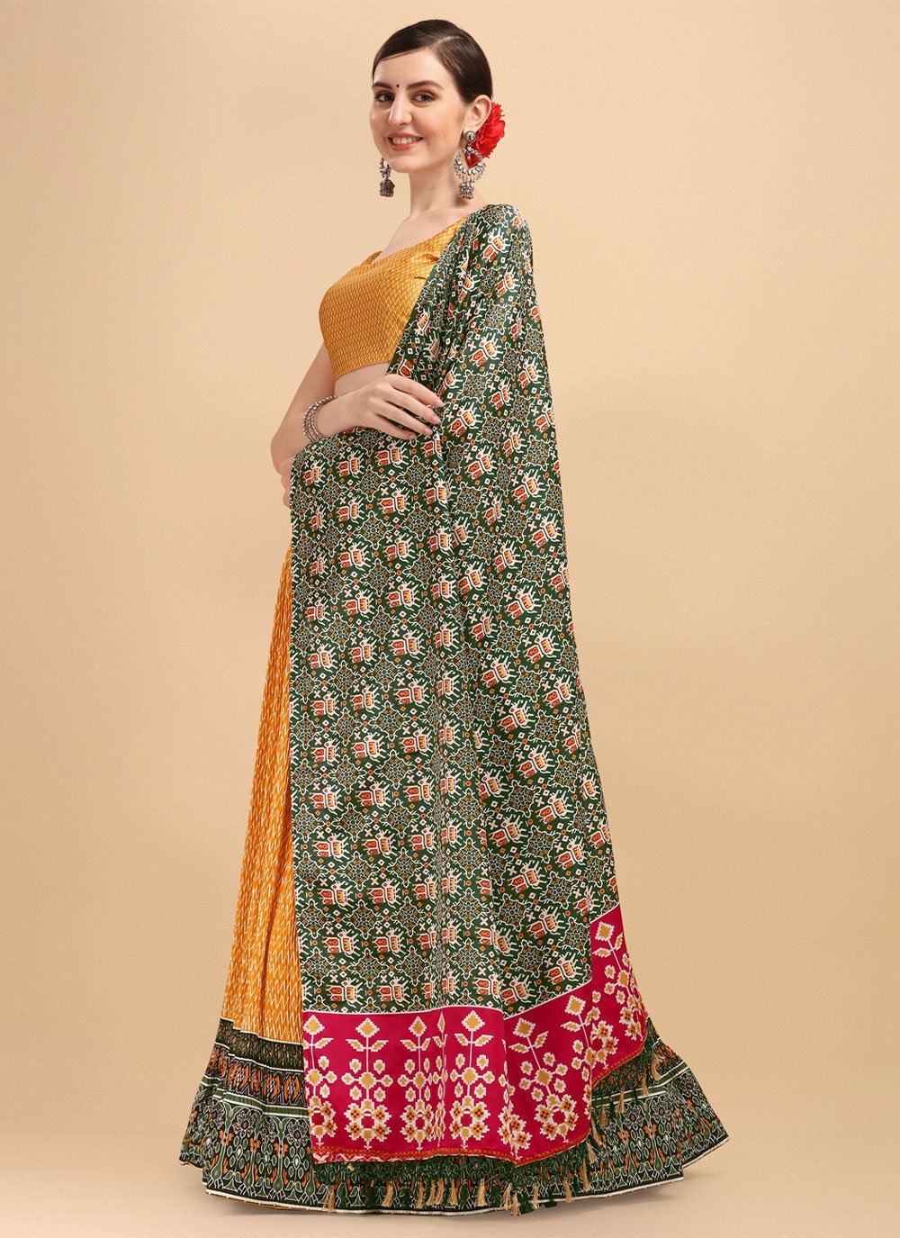 A Line Lehenga Satin Mustard Digital Print Lehenga Choli