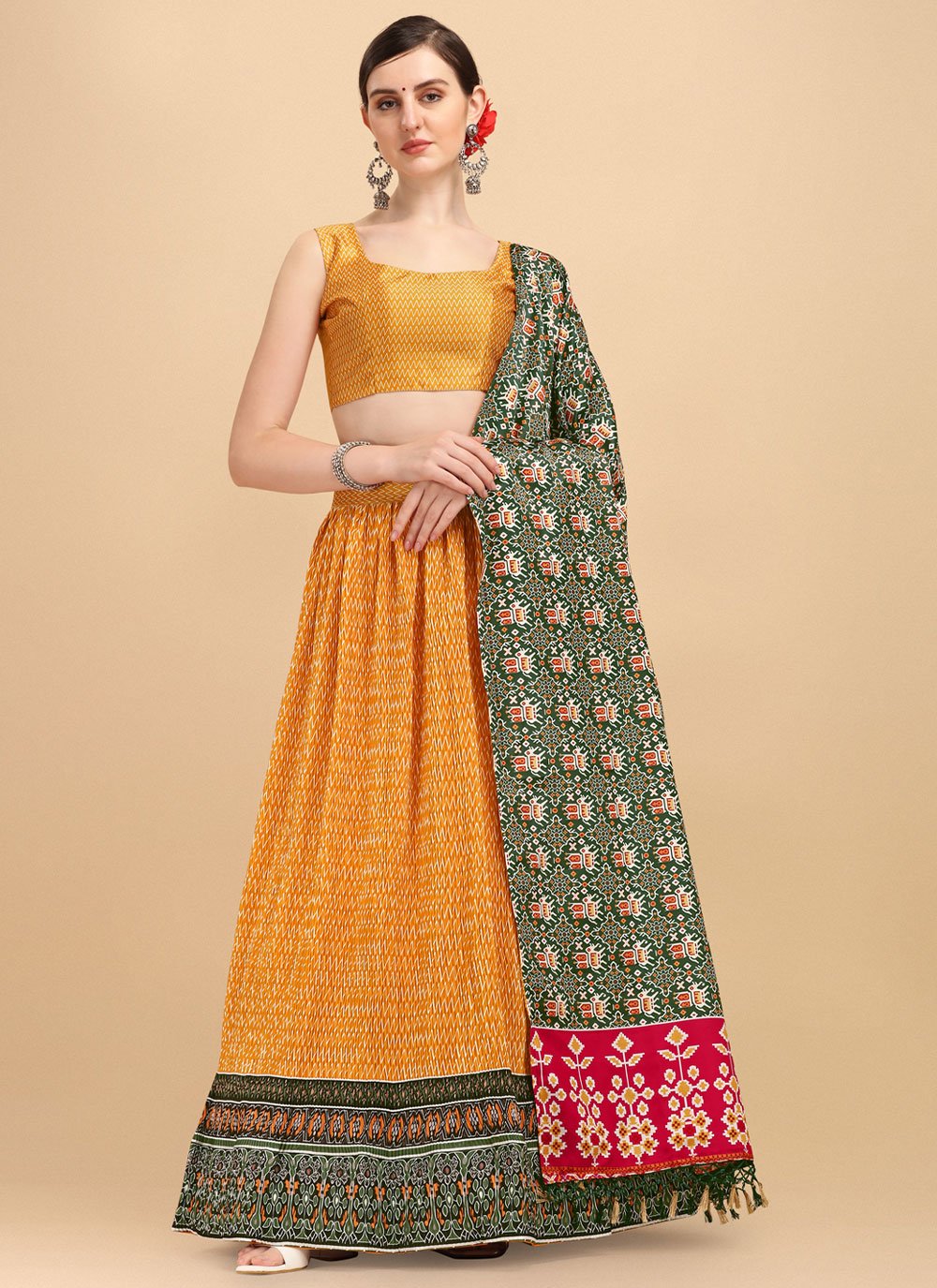 A Line Lehenga Satin Mustard Digital Print Lehenga Choli