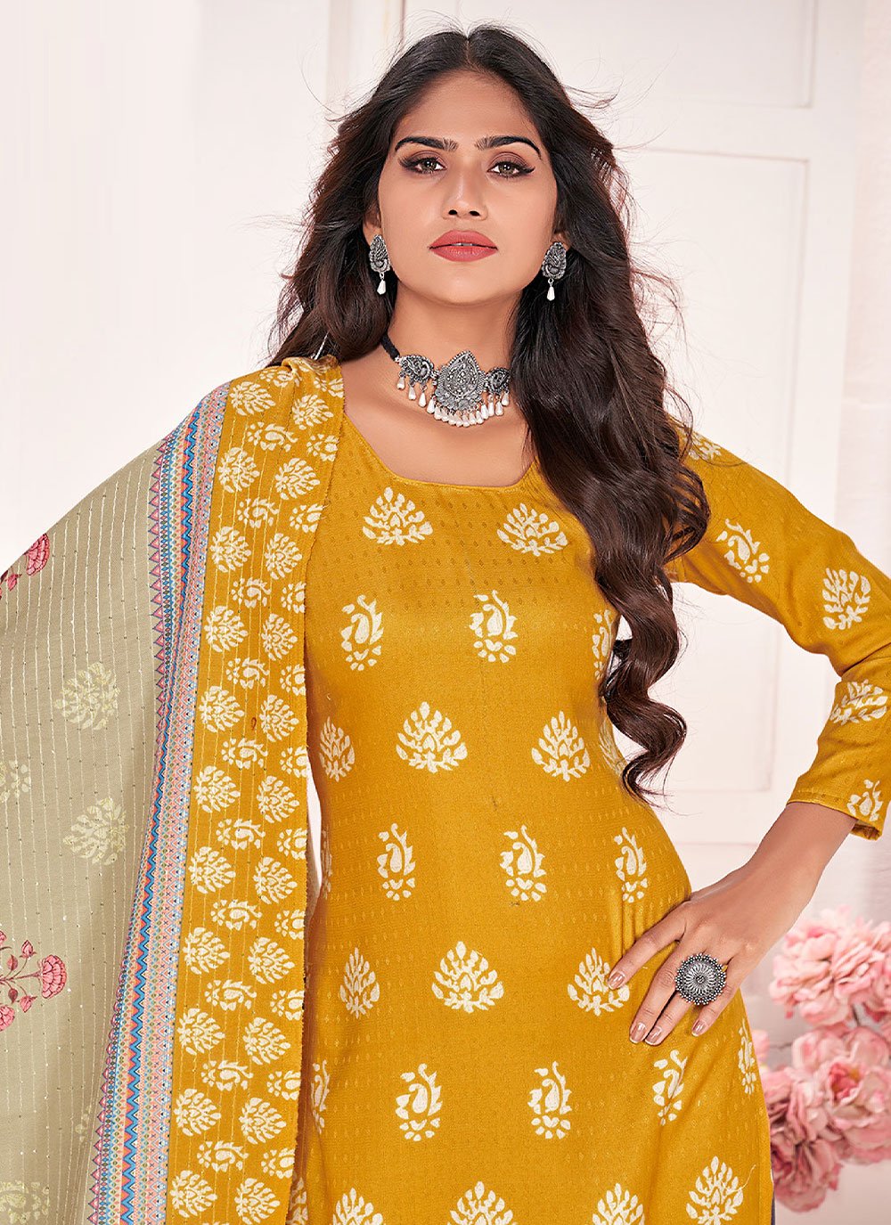 Salwar Suit Pashmina Mustard Digital Print Salwar Kameez