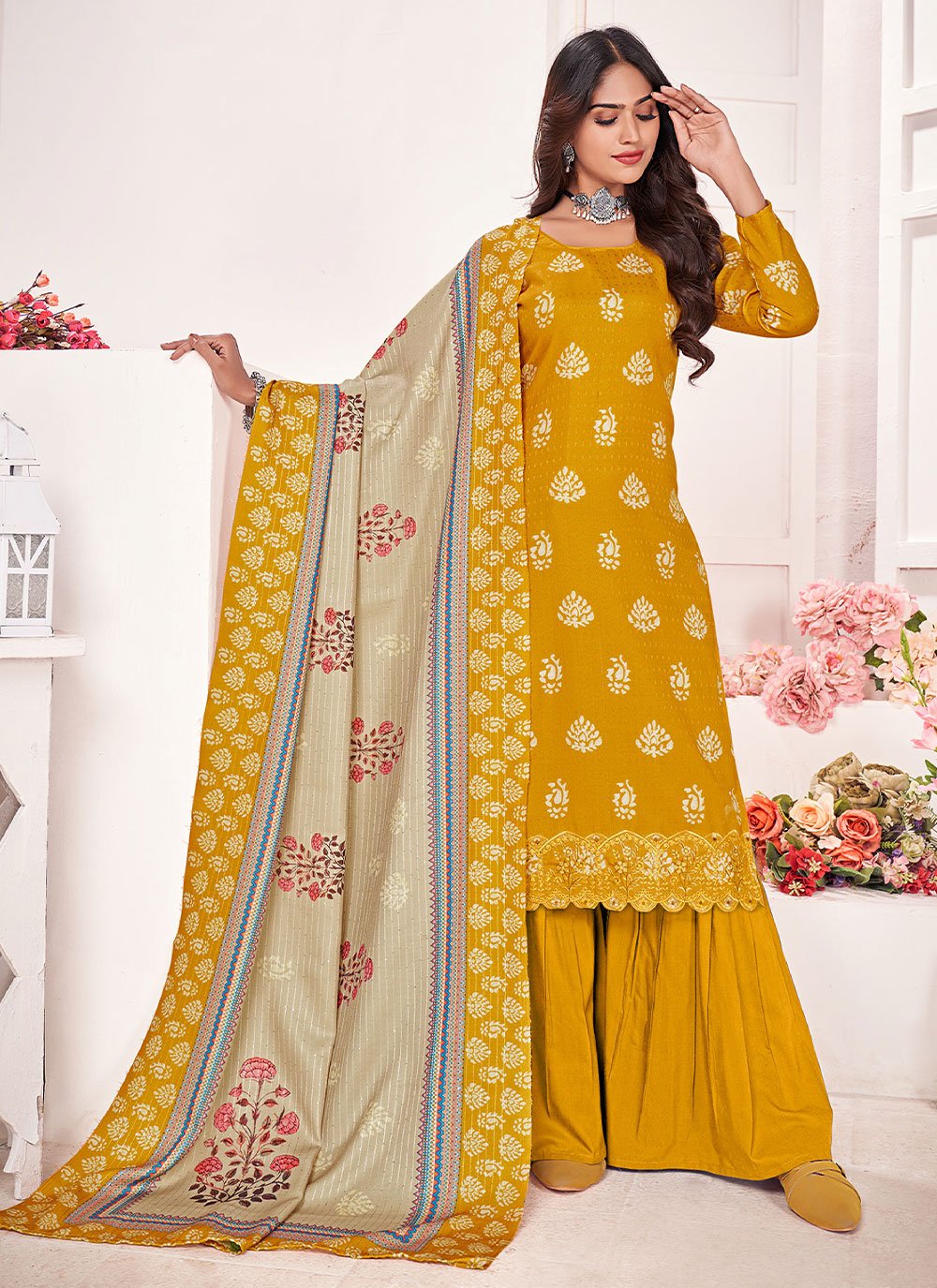 Salwar Suit Pashmina Mustard Digital Print Salwar Kameez