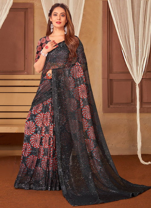 Contemporary Net Black Digital Print Saree