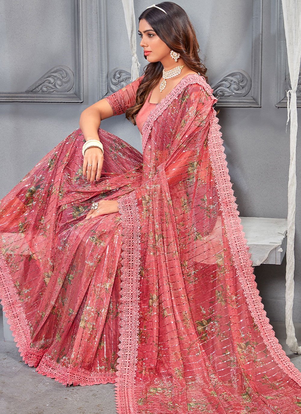 Trendy Saree Net Peach Digital Print Saree