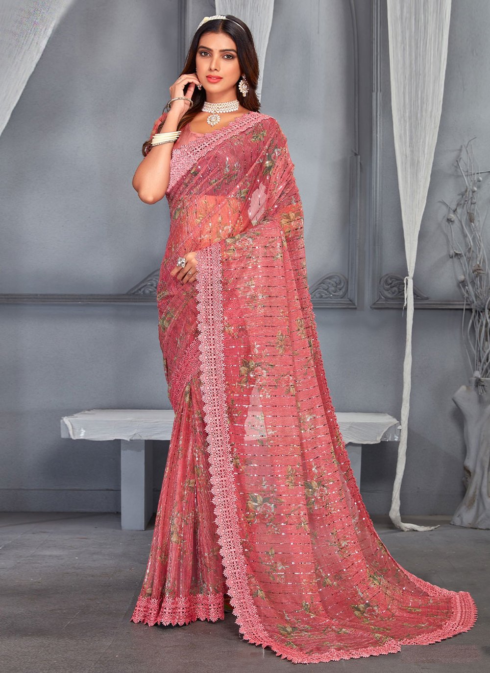 Trendy Saree Net Peach Digital Print Saree