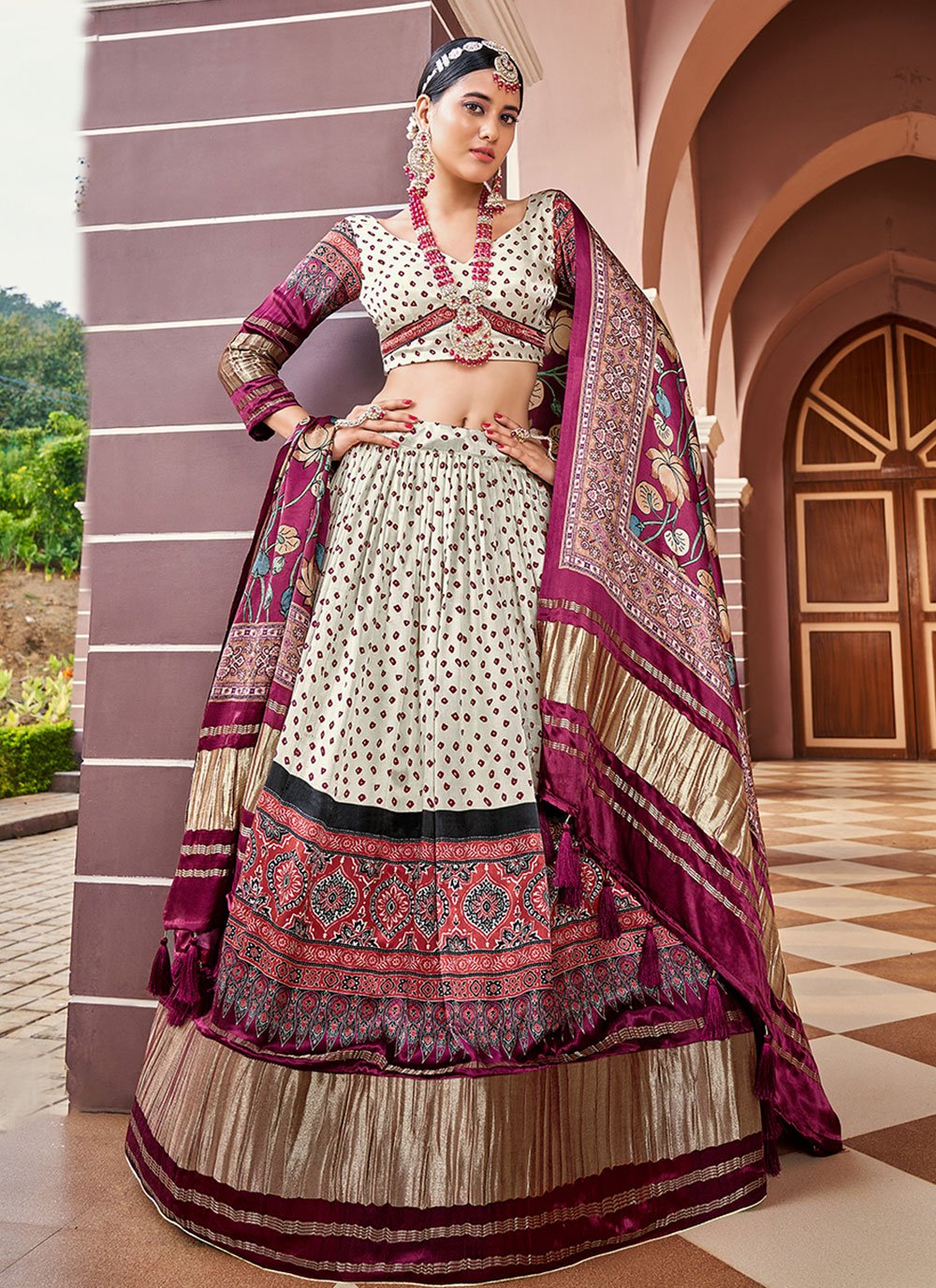 Lehenga Choli Silk Off White Purple Digital Print Lehenga Choli