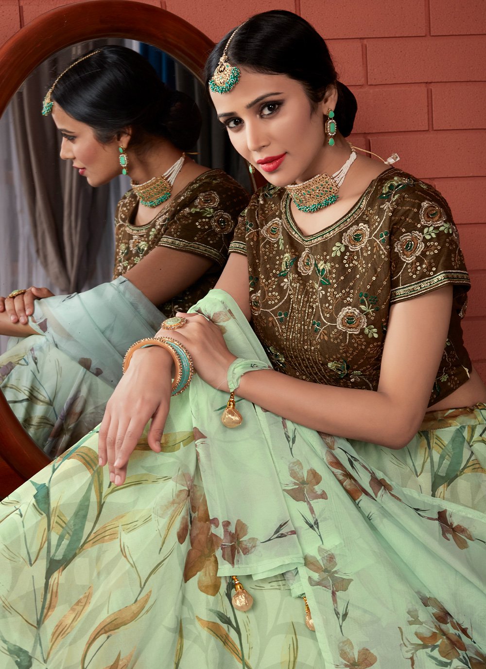 A Line Lehenga Organza Silk Sea Green Digital Print Lehenga Choli