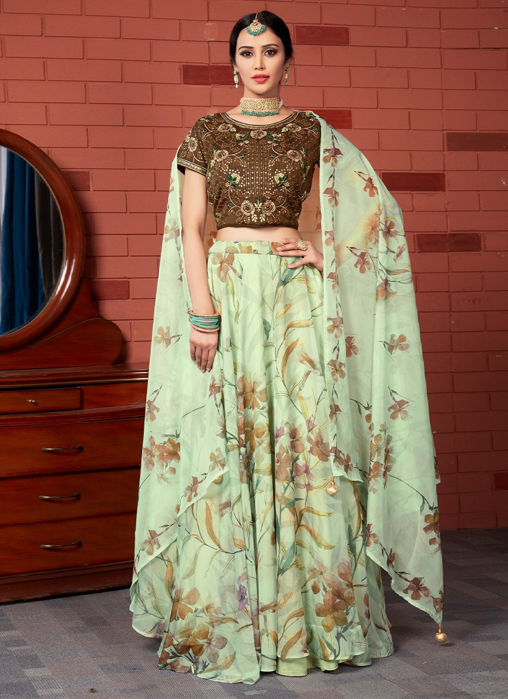 A Line Lehenga Organza Silk Sea Green Digital Print Lehenga Choli