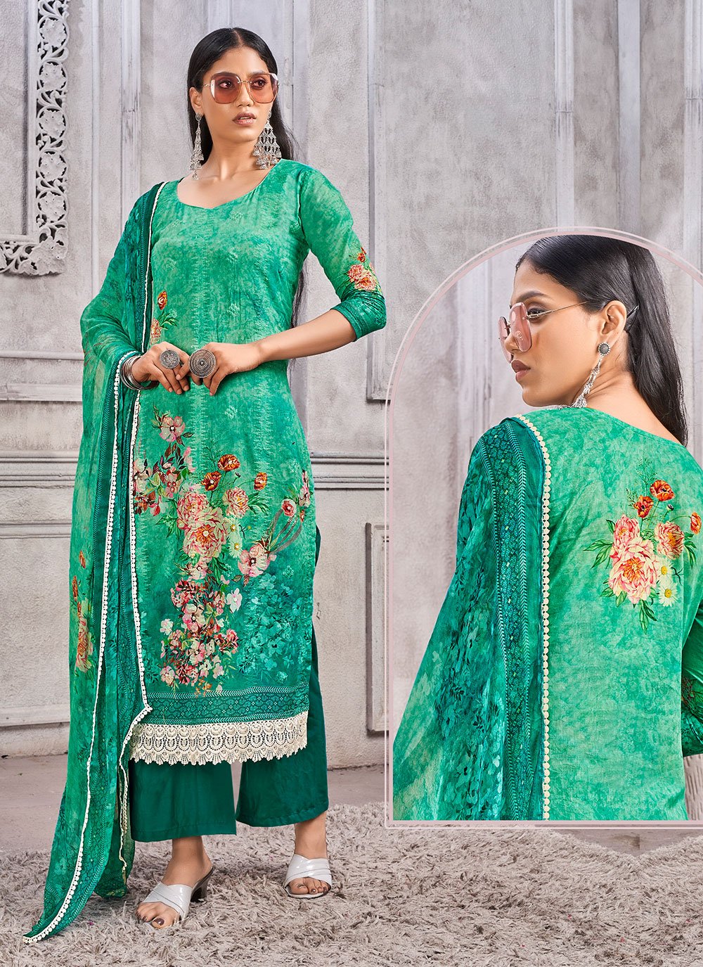 Palazzo Salwar Suit Cotton Lawn Green Digital Print Salwar Kameez