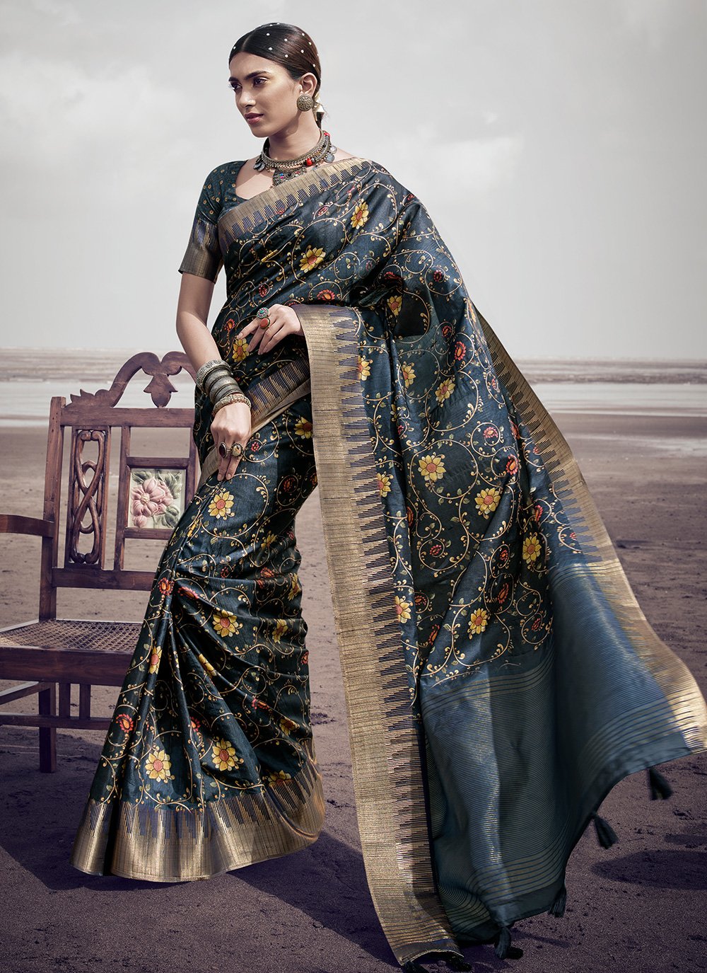 Contemporary Silk Grey Digital Print Saree