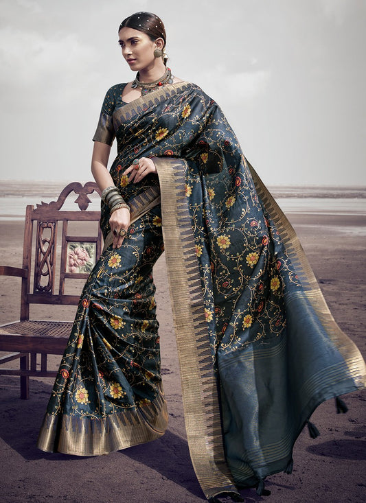 Contemporary Silk Grey Digital Print Saree