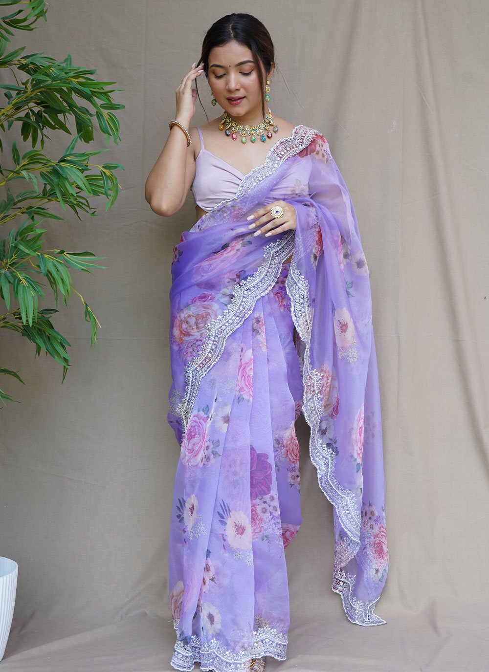 Classic Organza Lavender Digital Print Saree