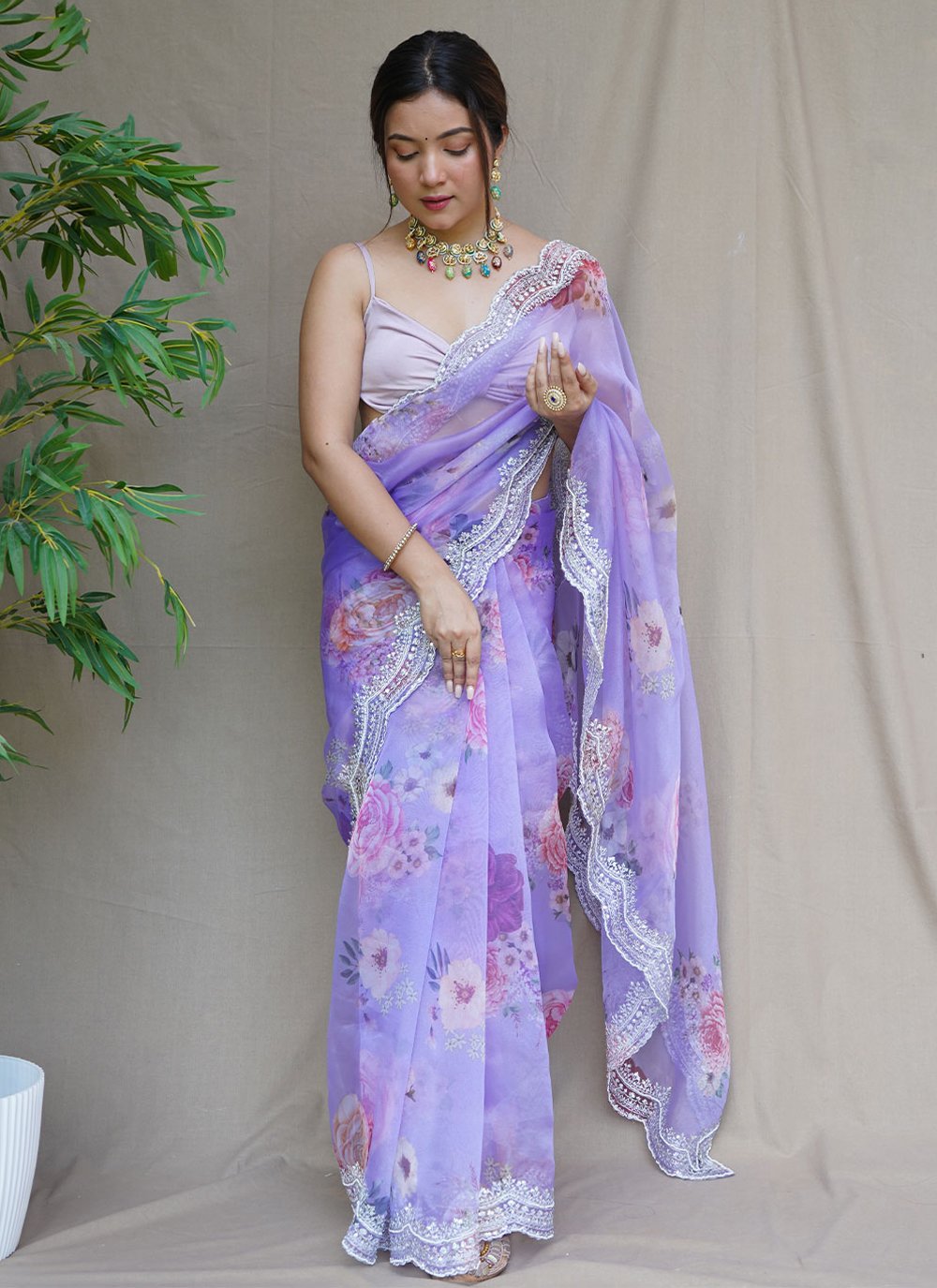 Classic Organza Lavender Digital Print Saree