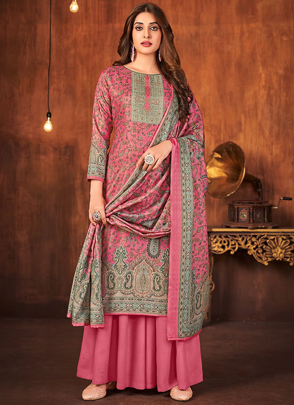 Palazzo Salwar Suit Pashmina Pink Diamond Salwar Kameez