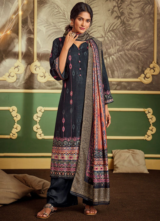 Palazzo Salwar Suit Pashmina Black Digital Print Salwar Kameez