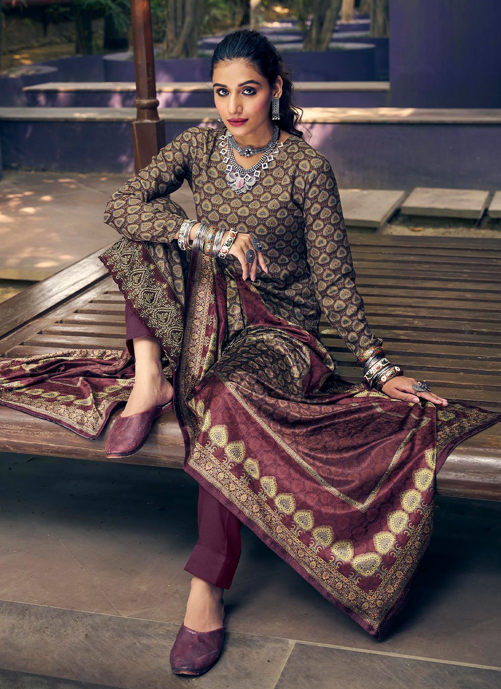 Pant Style Suit Pashmina Wine Digital Print Salwar Kameez