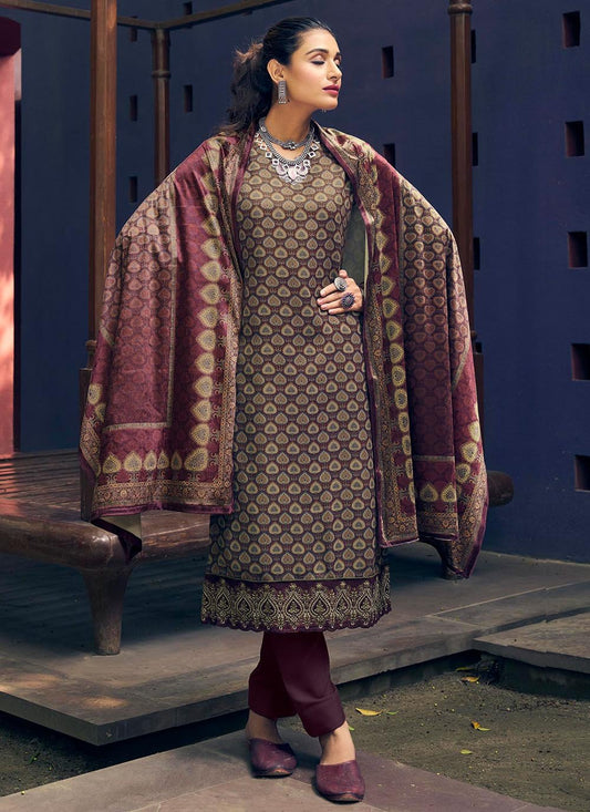 Pant Style Suit Pashmina Wine Digital Print Salwar Kameez