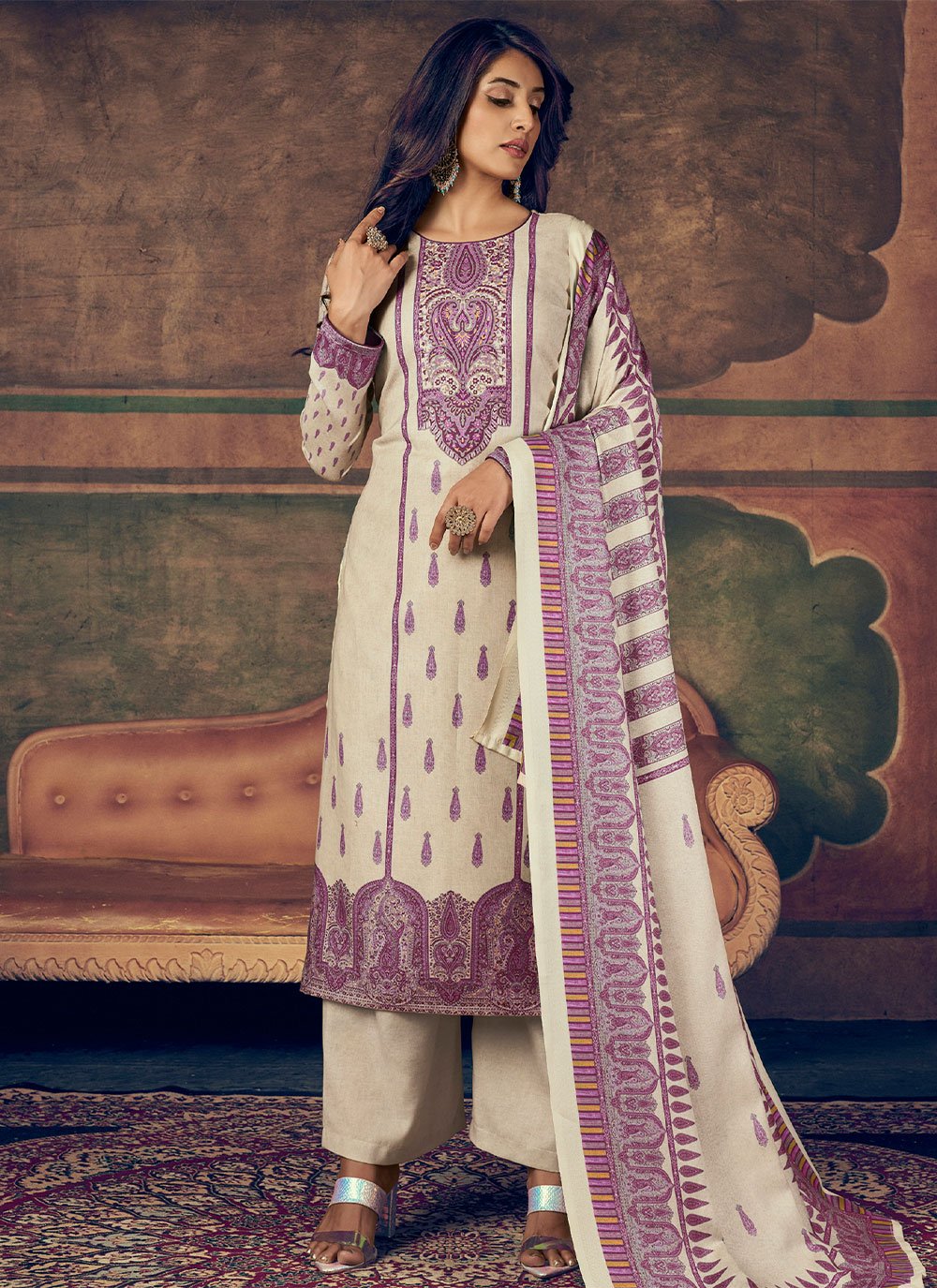 Salwar Suit Pashmina Purple Digital Print Salwar Kameez